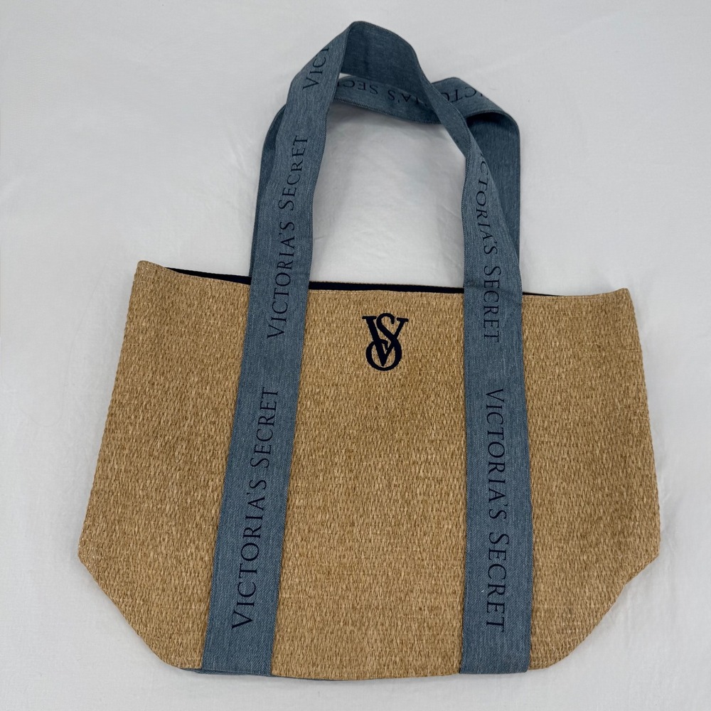 Victoria's Secret Woven Straw Tote Bag Blue Denim VS Logo Straps